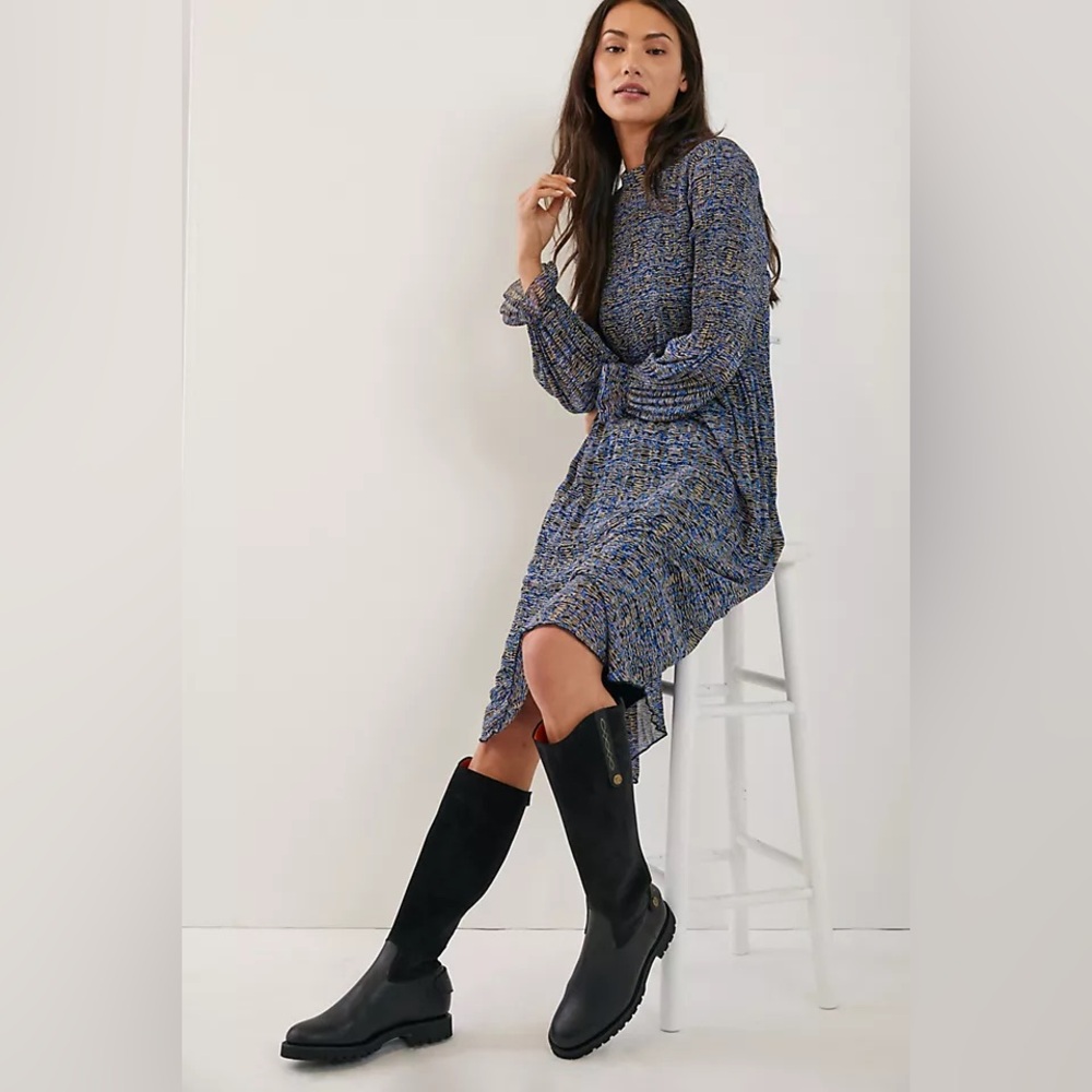 Anthropologie Maeve Shara Pleated Midi Dress Women Long Sleeve Small Blue Black